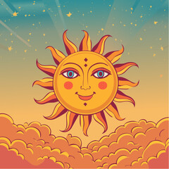 Retro groovy sun with three eyes. 60s and 70s vibes psychedelic vector clipart. Cartoon hippie oracle symbol. Vintage boho illustration. Abstract trippy ...