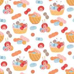 Pattern from a wicker basket, a bag with various balls of yarn for knitting. cozy atmosphere. handmade. seamless flat color texture. postcards, packaging, social media posts, theme of care, coziness