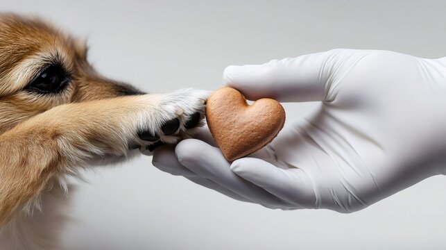Veterinarian giving heart shaped biscuit to dog paw