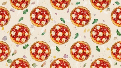 seamless watercolor pattern with round pizza