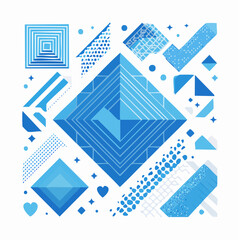 Set of y2k brutalism geometric shapes in blue color. Retro futuristic abstract cliparts for poster, collage design. Stars, pixels, hearts, waves in trendy tech style. Vector ...