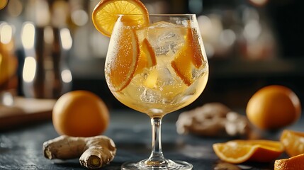 A cold glass of orange and ginger spritz, with orange slices and ginger root, with space for text