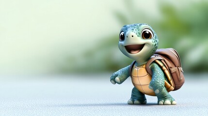 Happy turtle walking with backpack ready for school
