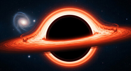 Orange and black cosmic illustration of a supermassive black hole, showcasing its accretion disk and gravitational lensing effects, representing the vastness and mystery of space