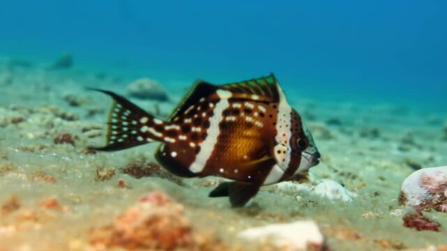 One Spotted Drum fish swimming underwater over sand, marine life. Tropical fish.