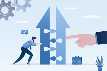 Two confident businessmen merging arrows together. B2b, smart entrepreneurs push parts of arrow, collaboration, business connection for new project or increase earnings