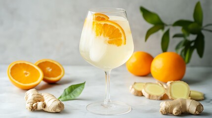 A cold glass of orange and ginger spritz, with orange slices and ginger root, with space for text