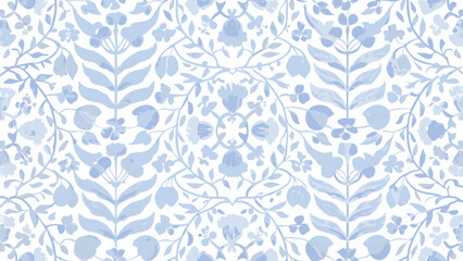 Light blue floral pattern with symmetrical arrangement of leaves and fruits on a white background
