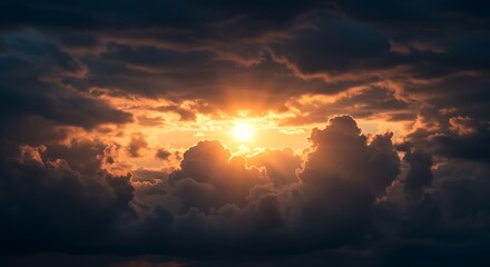 Dramatic Sunset Sky Golden Sunburst Through Dark Clouds