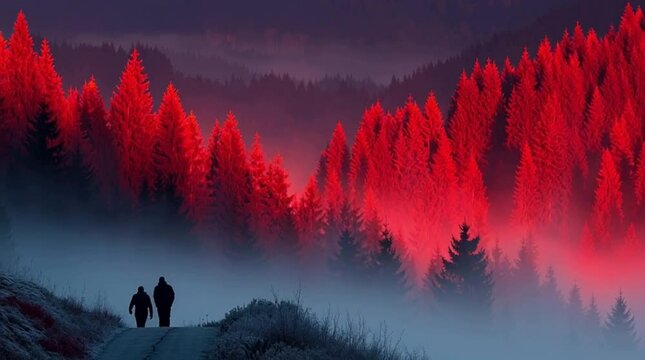 Two Silhouettes Walk Through Ethereal Red Forest in Misty Landscape with Vibrant Crimson Trees