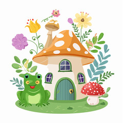 Vector set of cute vintage cottagecore animals, mushrooms, flowers stickers. Fairy frog, amanita house, snail, hedgehog cartoon illustrations. Magic forest elements. Green witch, goblincore ...