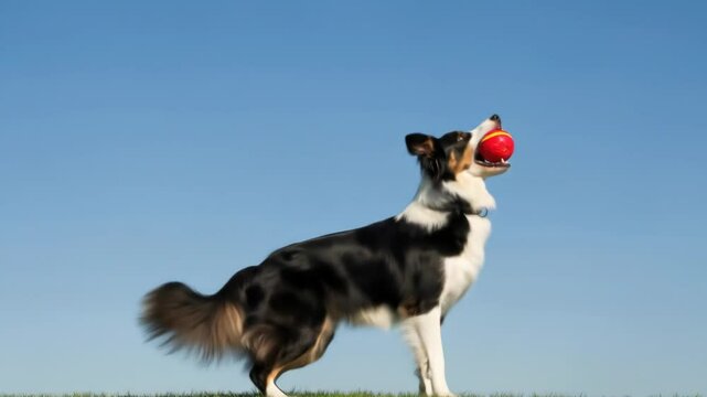 Border Collie dog jumping to catch red ball against clear blue sky. Energetic animal playing fetch.