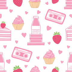 Y2k pink girly seamless pattern with cake, milk, rose flower, strawberry, cassette. Coquette banner backgroud with vintage decor. 2000s aesthetic. Vector texture for wrapping paper, wallpaper, cover