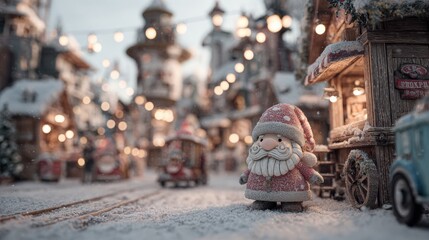 Fototapeta premium Small toy Santa Claus standing on a snow-covered street with soft daylight and urban background.