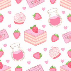 Y2k pink girly seamless pattern with cake, milk, rose flower, strawberry, cassette. Coquette banner backgroud with vintage decor. 2000s aesthetic. Vector texture for wrapping paper, wallpaper, cover