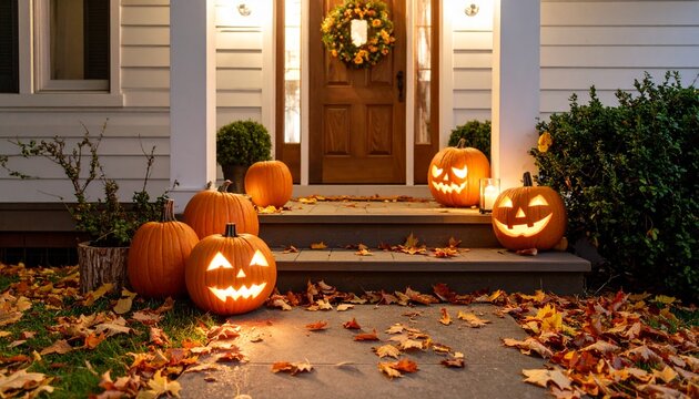 Illuminated jack-o'-lanterns adorn a house's porch steps, creating a festive Halloween scene amidst autumn leaves.
