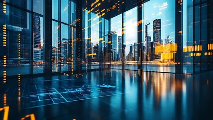 Modern office interior with panoramic city view, digital overlay of financial data and graphs - Powered by Adobe