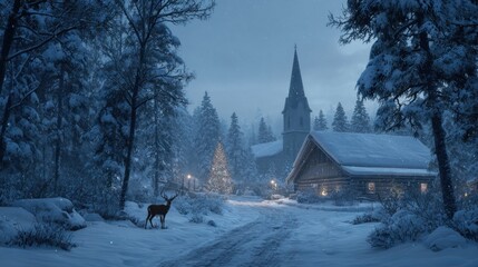 Snow-covered church with a deer standing in the snowy foreground during daylight winter.