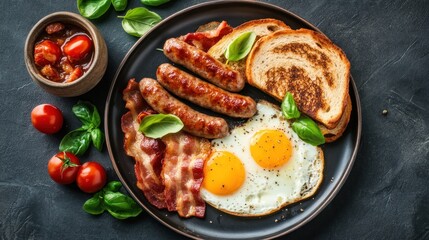 Breakfast plate with eggs, bacon, sausage, and toast