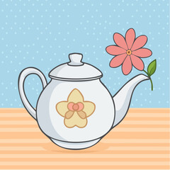 Hand drawn vintage teapot with flower. Line art ceramic kettle in coquette style. Outline porcelain illustration. Vector graphic