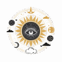 Vector set of celestial elements in black and gold colors. Mystic sun, moon, eye, hand, cloud symbols in line art style. Vintage boho illustrations. Mininalist alchemy tattoo ...