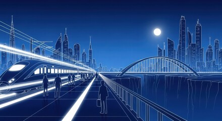 Futuristic high speed train arrives at a glowing modern city skyline under a bright moonlit night sky