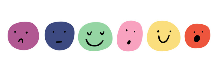 Happy Smile Face Cartoon Icon Collection. Abstract Cute Emoji People. Vector Doodle Illustration