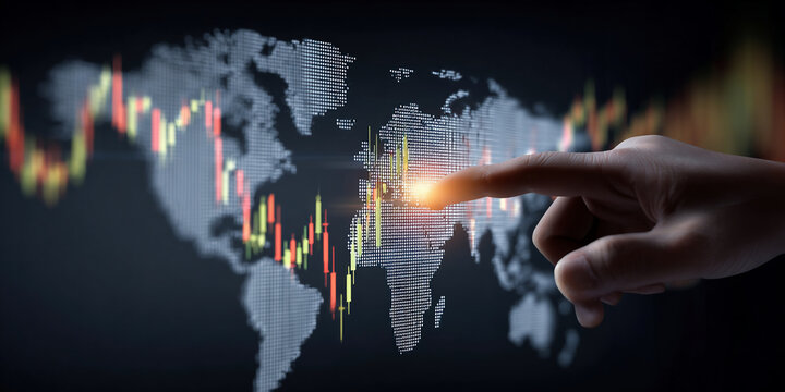 Graphs and world financial markets data. Investor pointing at the candlestick chart.