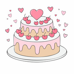 Hand drawn round cake with cherries and hearts decorations. Whimsical doodle dessert for birthday, wedding, anniversary. Coquette bakery item. Line art sweet pastry food. Vector graphic