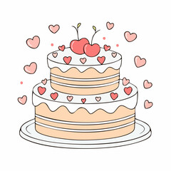 Hand drawn round cake with cherries and hearts decorations. Whimsical doodle dessert for birthday, wedding, anniversary. Coquette bakery item. Line art sweet pastry food. Vector graphic