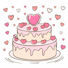 Hand drawn round cake with cherries and hearts decorations. Whimsical doodle dessert for birthday, wedding, anniversary. Coquette bakery item. Line art sweet pastry food. Vector graphic