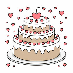 Hand drawn round cake with cherries and hearts decorations. Whimsical doodle dessert for birthday, wedding, anniversary. Coquette bakery item. Line art sweet pastry food. Vector graphic
