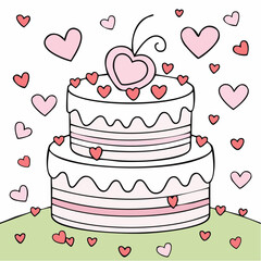 Hand drawn round cake with cherries and hearts decorations. Whimsical doodle dessert for birthday, wedding, anniversary. Coquette bakery item. Line art sweet pastry food. Vector graphic
