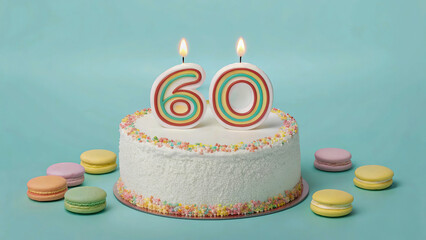 A delightful birthday cake celebrates sixty years with colorful candles and macarons around the base.