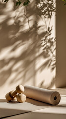 Minimalist Fitness Scene with Yoga Mat and Dumbbells in Soft Natural Light on Beige Background