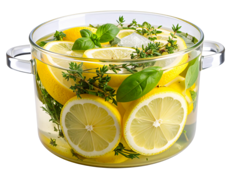 Citrus Herb Cooler with Lemon, Thyme, Basil, and Fennel Pot Isolated on Transparent Background PNG