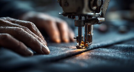 Hands guiding dark fabric through industrial sewing machine in clothing factory. Textile manufacturing process for garment production supporting fashion industry and consumer goods sectors