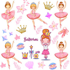 Ballerina in Pink Tutu with Ballet Slippers, Tiara, Floral Elements and Stars – Elegant Feminine Watercolor Style © MdHabibul