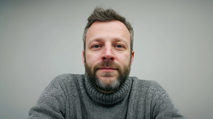 Obraz premium Medium shot of a man with short hair and beard, wearing a gray turtleneck, plain light background