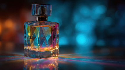 Colorful glass perfume bottle with bright liquid inside, glowing reflections, elegant design, high contrast lighting