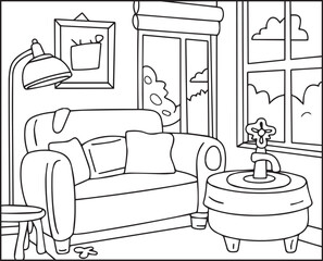 Beautiful and creative interior design of a living room black outline vector line art for children and adult coloring page or book design