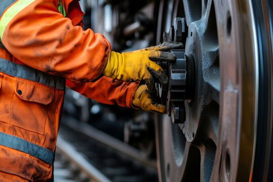 Male engineer in orange jacket conducting train wheel maintenance with precision