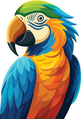 Vibrant blue and yellow macaw parrot portrait with green head feathers