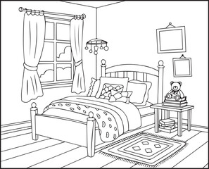 Beautiful and creative interior design of a living room black outline vector line art for children and adult coloring page or book design
