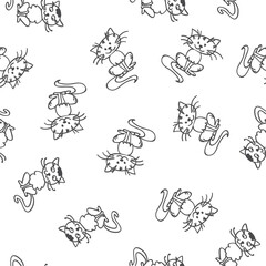 Hand drawn seamless pattern with adorable cats. Cute black pets isolated on white background. Texture, wallpaper template. Domestic cat, monochrome design.