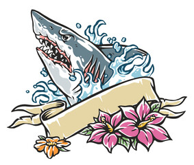 Vibrant shark with flowers and waves