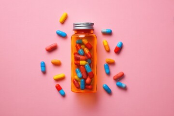 Orange pill bottle with silver cap filled with multicolored capsules on pastel pink background. Minimalist composition with soft lighting and scattered arrangement.