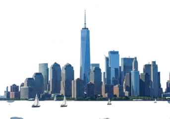 A picturesque cityscape of manhattan with sailboats gliding on the water, blending urban and nautical elements isolated on transparent background