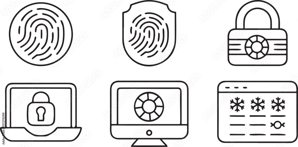 Fototapete Password And Identity Protection Icon Set, Fingerprint Scan, Face ID, Padlock Lock, Password Field, Security Verification, Editable Digital Style