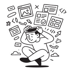 Creative line art illustration depicting person with thoughtful expression surrounded by various